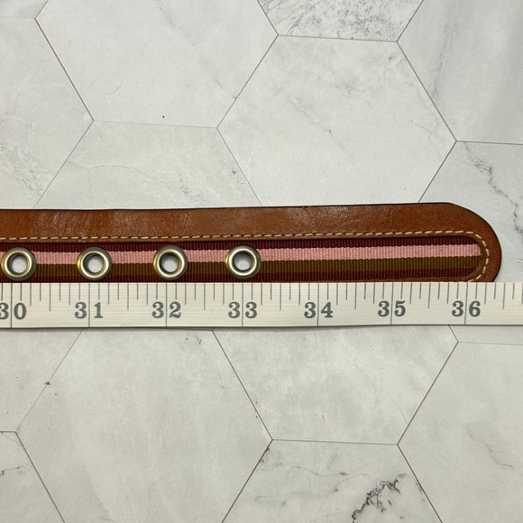 Fossil Brown Leather Sz Medium Womens Belt Silver Tone Buckle Pink Olive Stripe - Picture 5 of 7